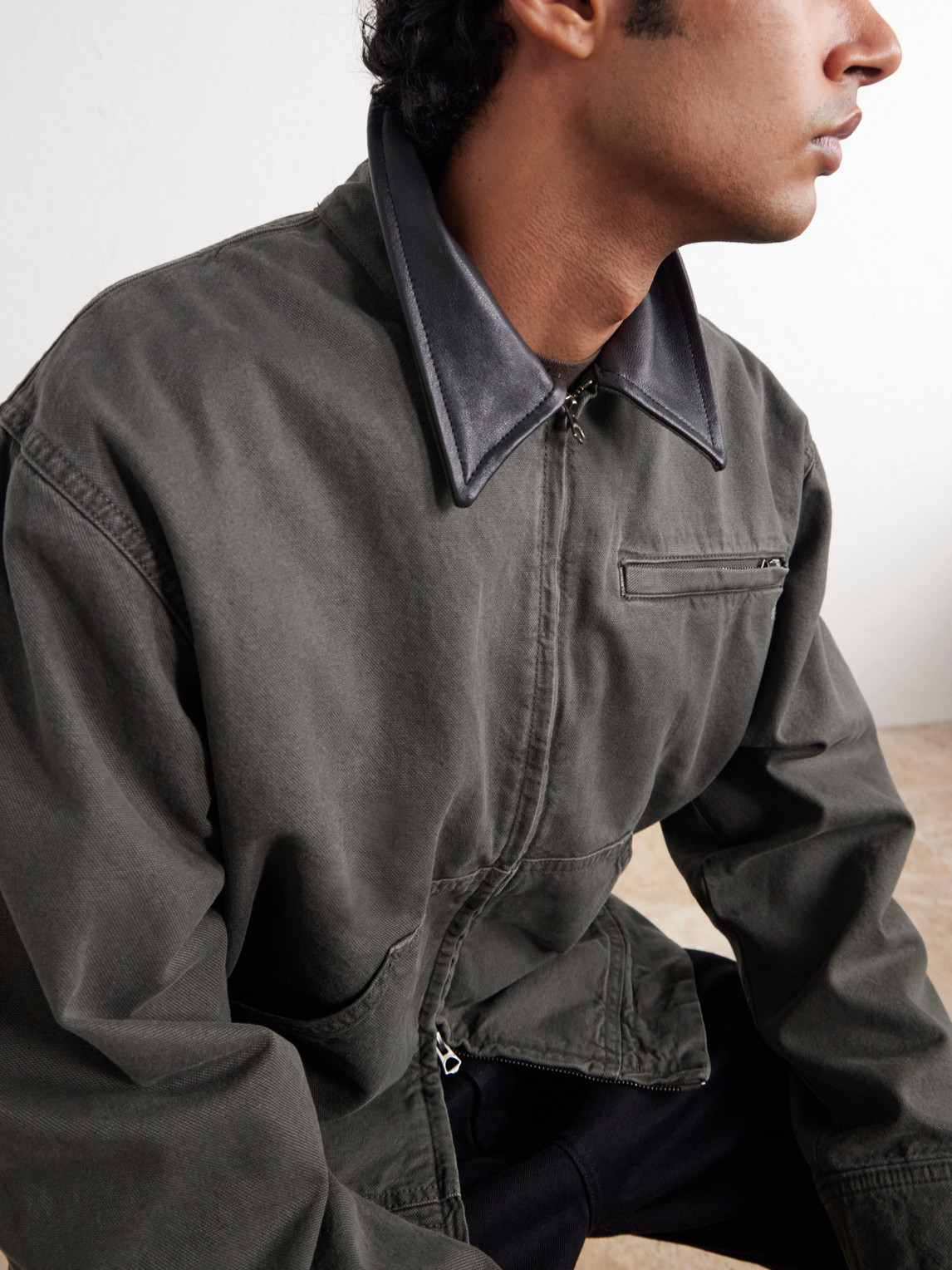 Leather-Trimmed Cotton-Canvas Jacket