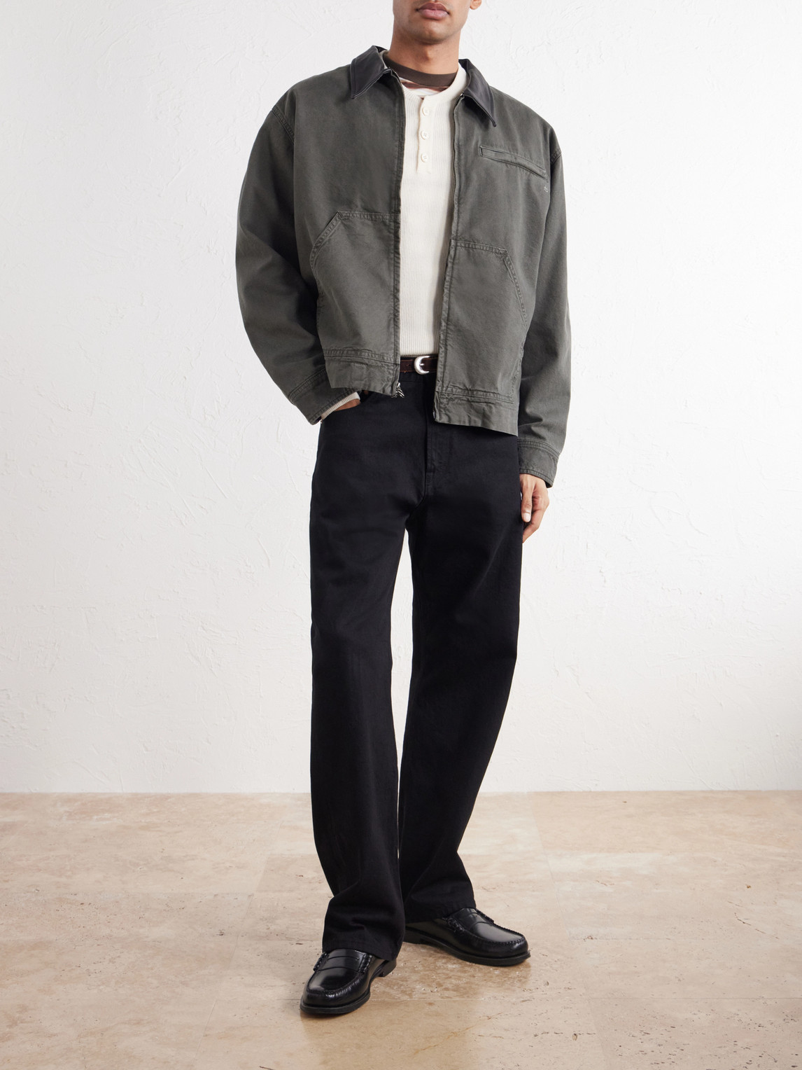 Leather-Trimmed Cotton-Canvas Jacket