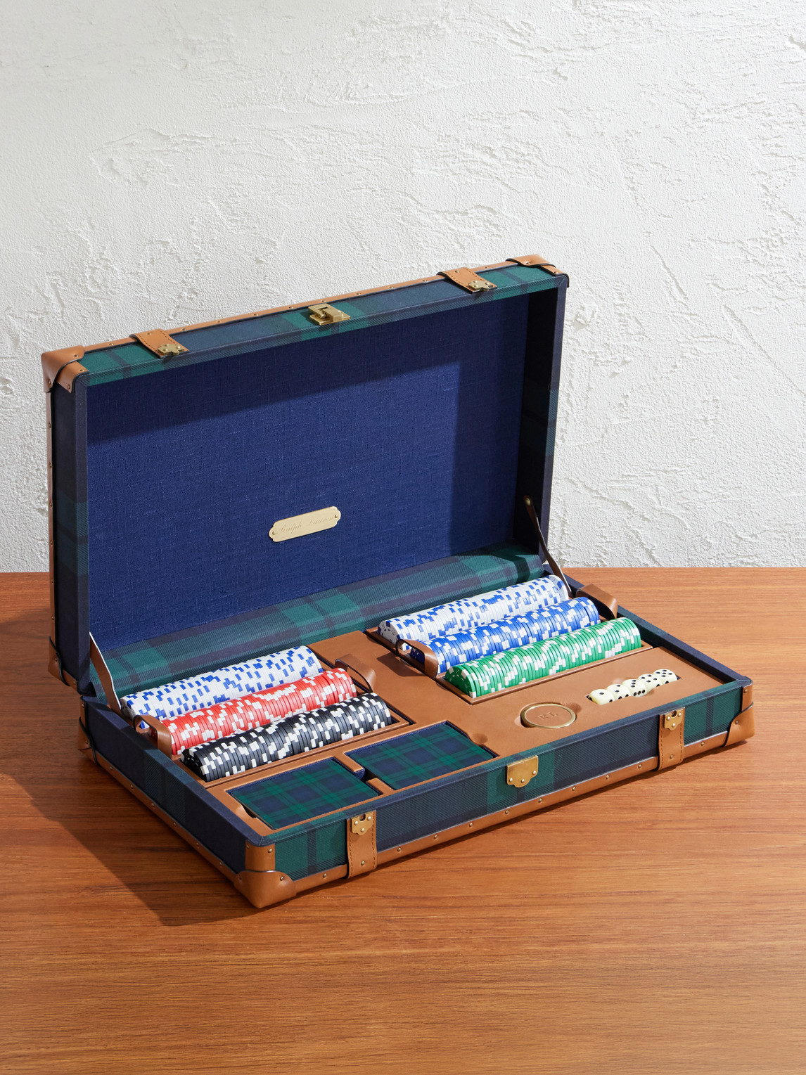 Sawyer Leather-Trimmed Checked Canvas Poker Set