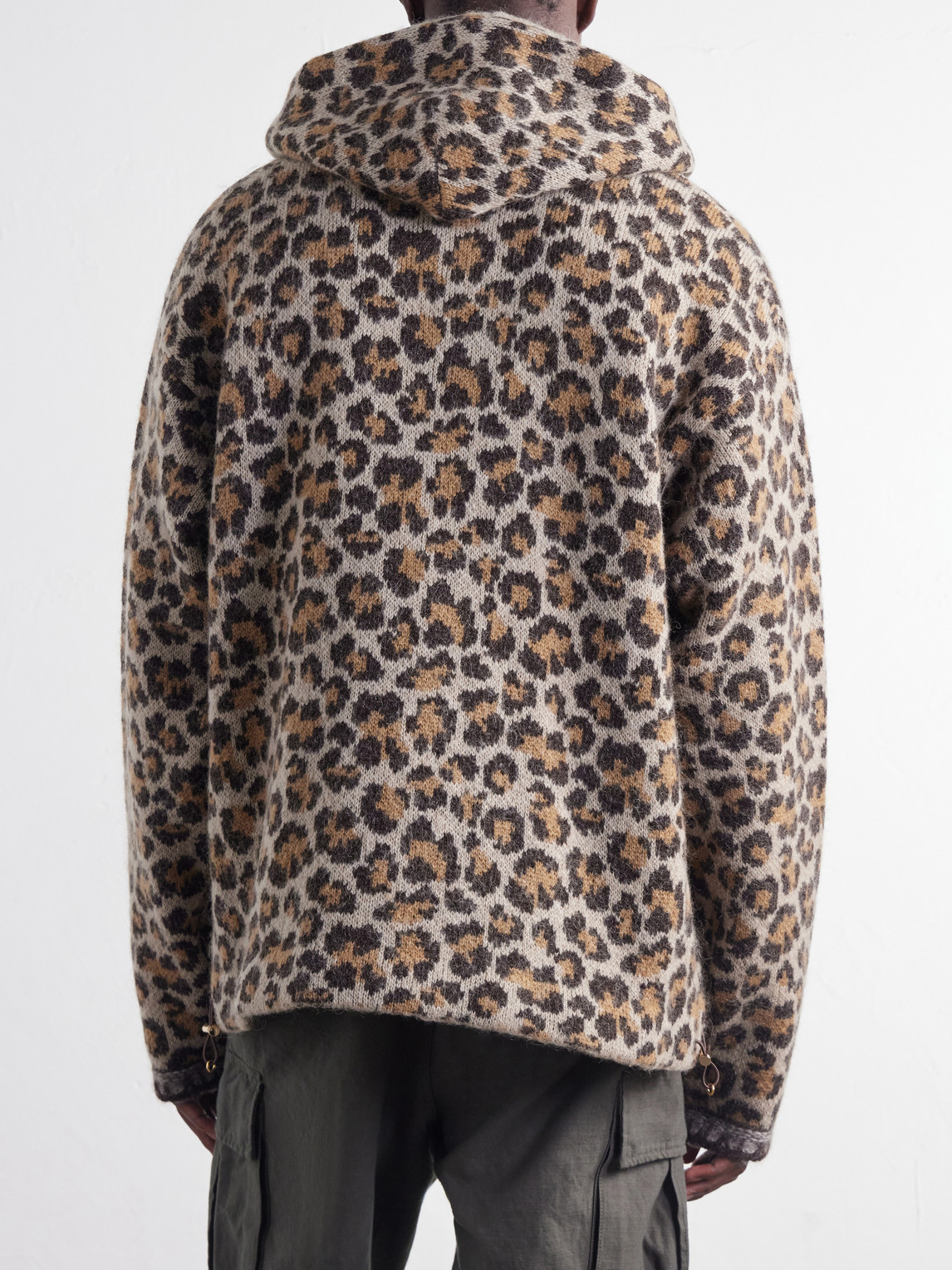 Hooded Leopard-Jacquard Half-Zip Sweater