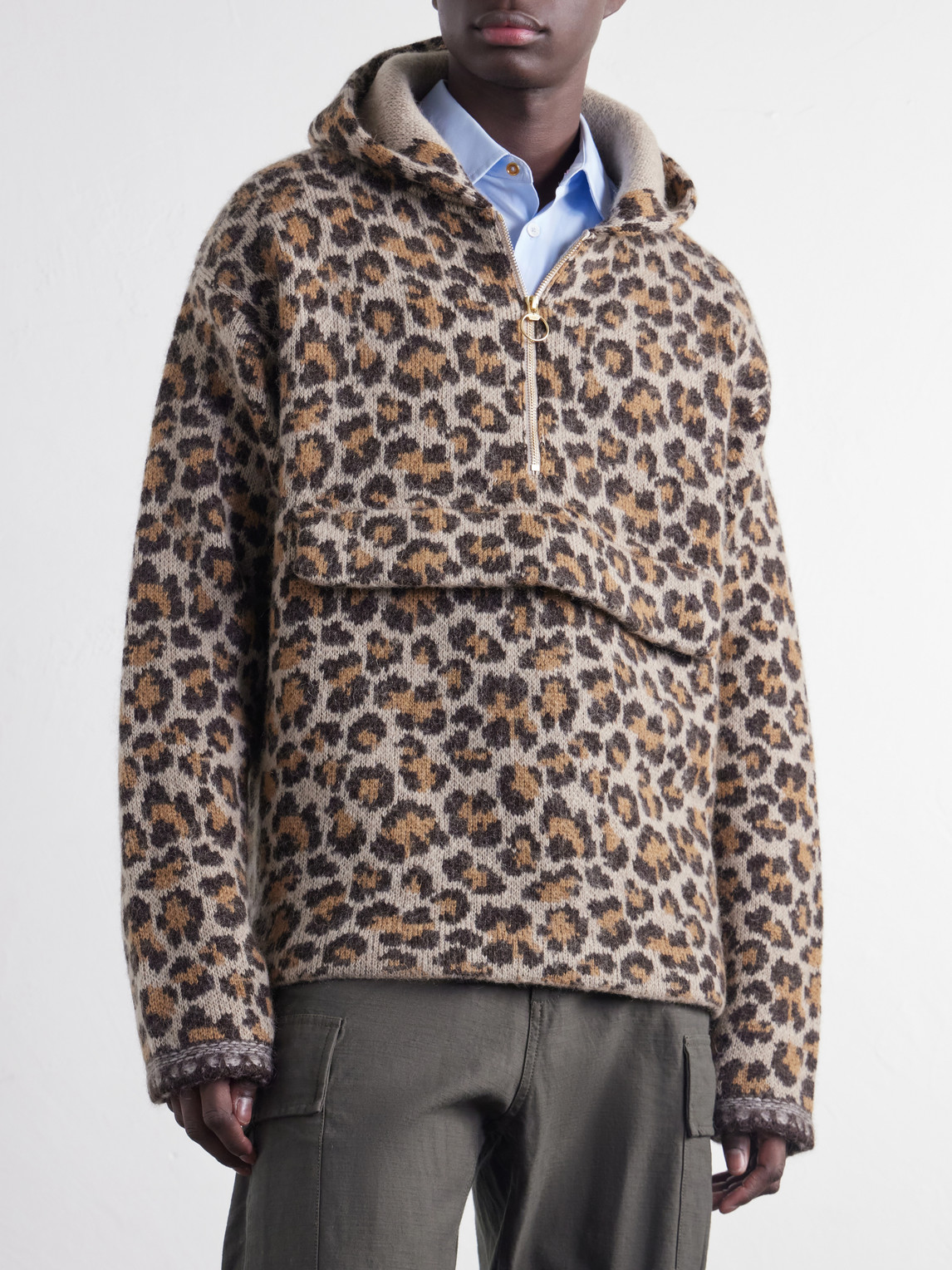 Hooded Leopard-Jacquard Half-Zip Sweater