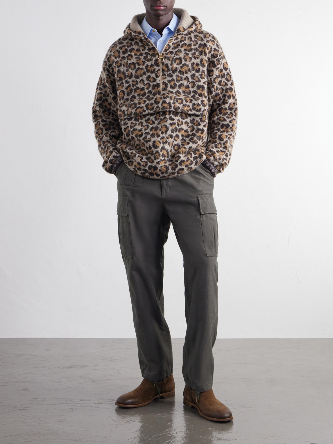 Hooded Leopard-Jacquard Half-Zip Sweater
