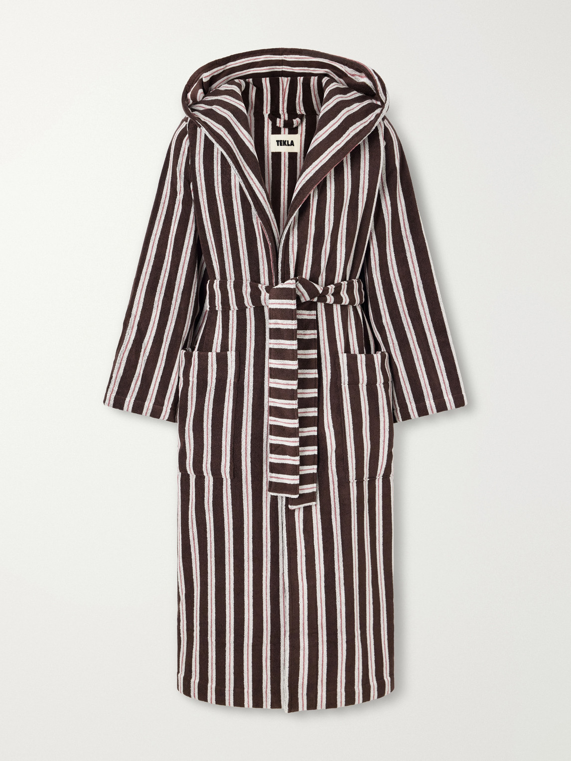 Tekla Hooded Belted Striped Organic Cotton-terry Robe In Brown