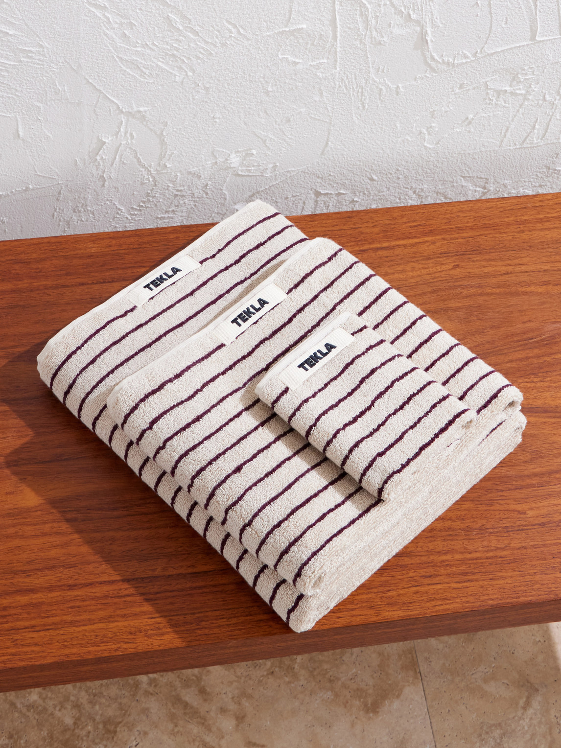 Tekla Set Of Three Striped Organic Cotton Towels In Brown