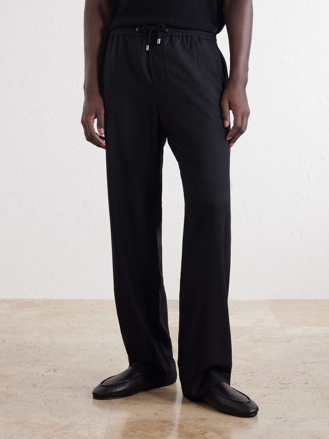 Straight-Leg Cashmere-Twill Drawstring Trousers
