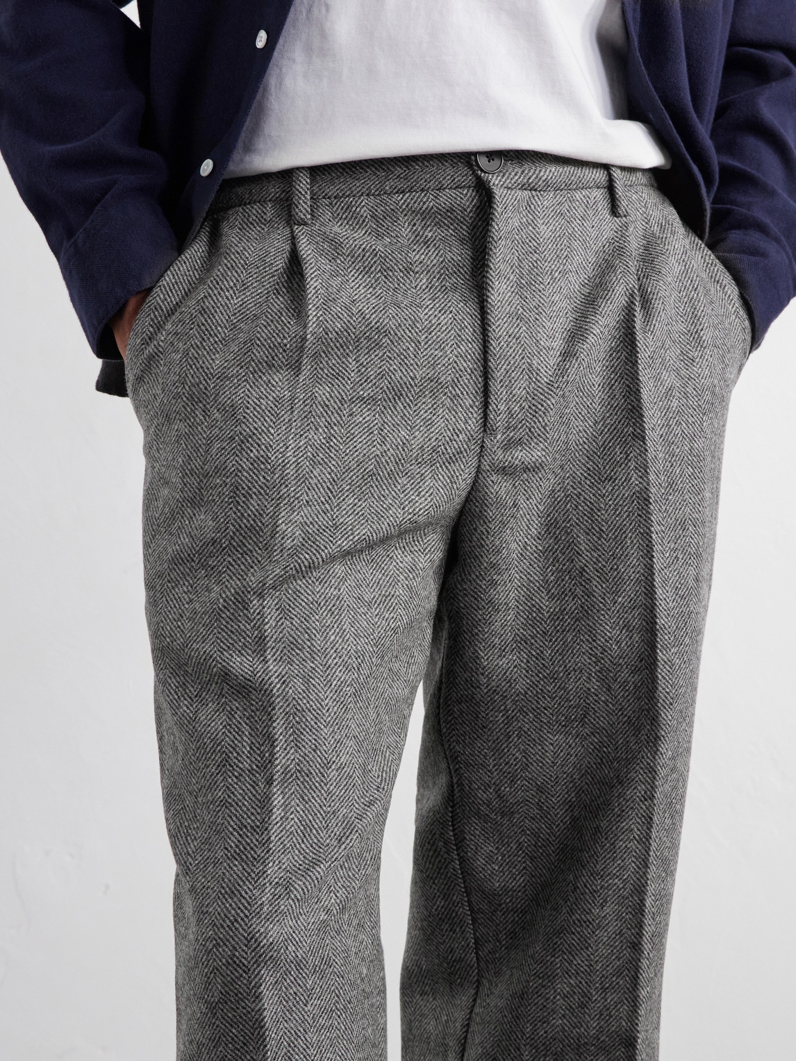Straight-Leg Pleated Wool Herringbone Trousers