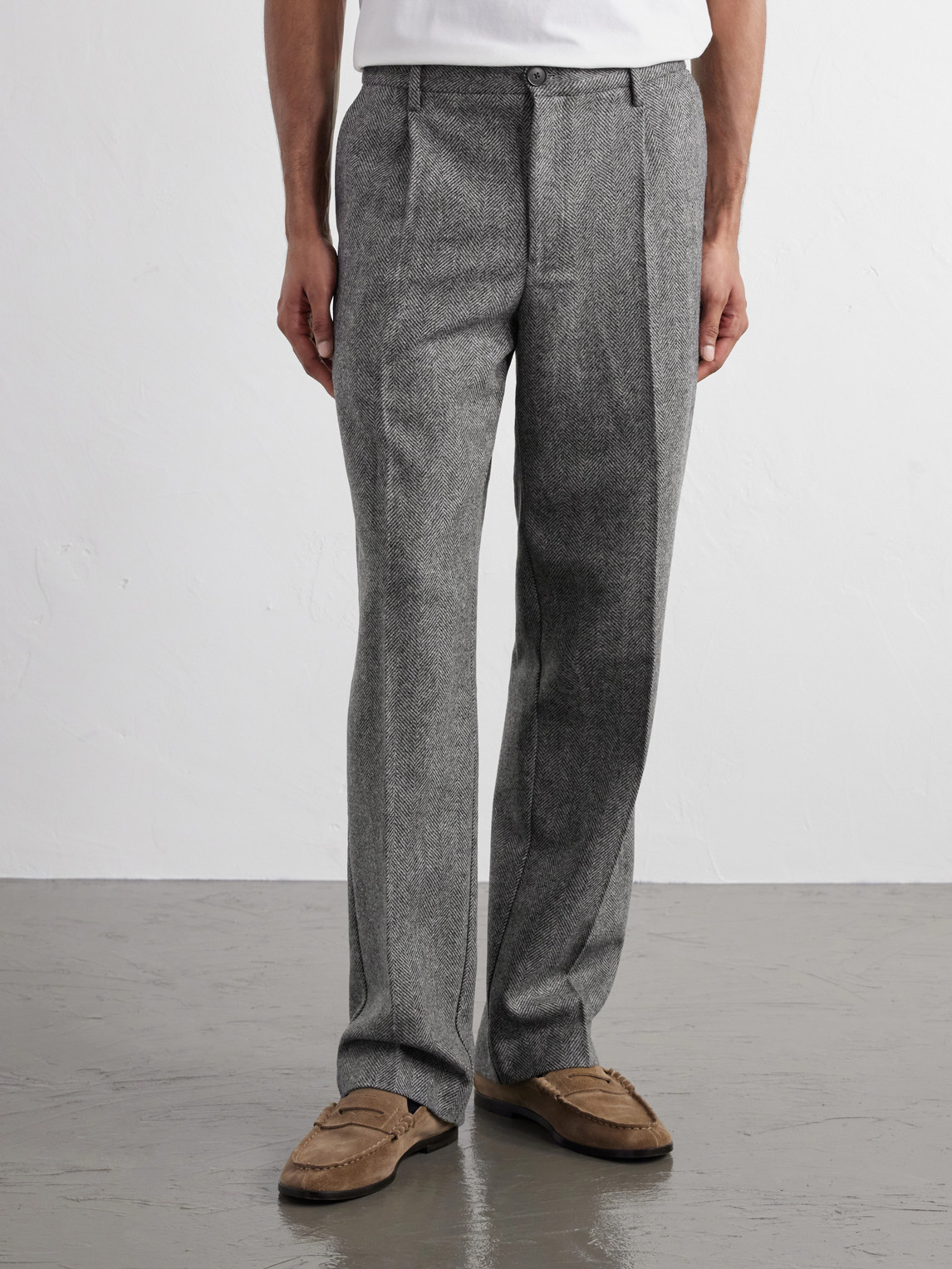 Straight-Leg Pleated Wool Herringbone Trousers
