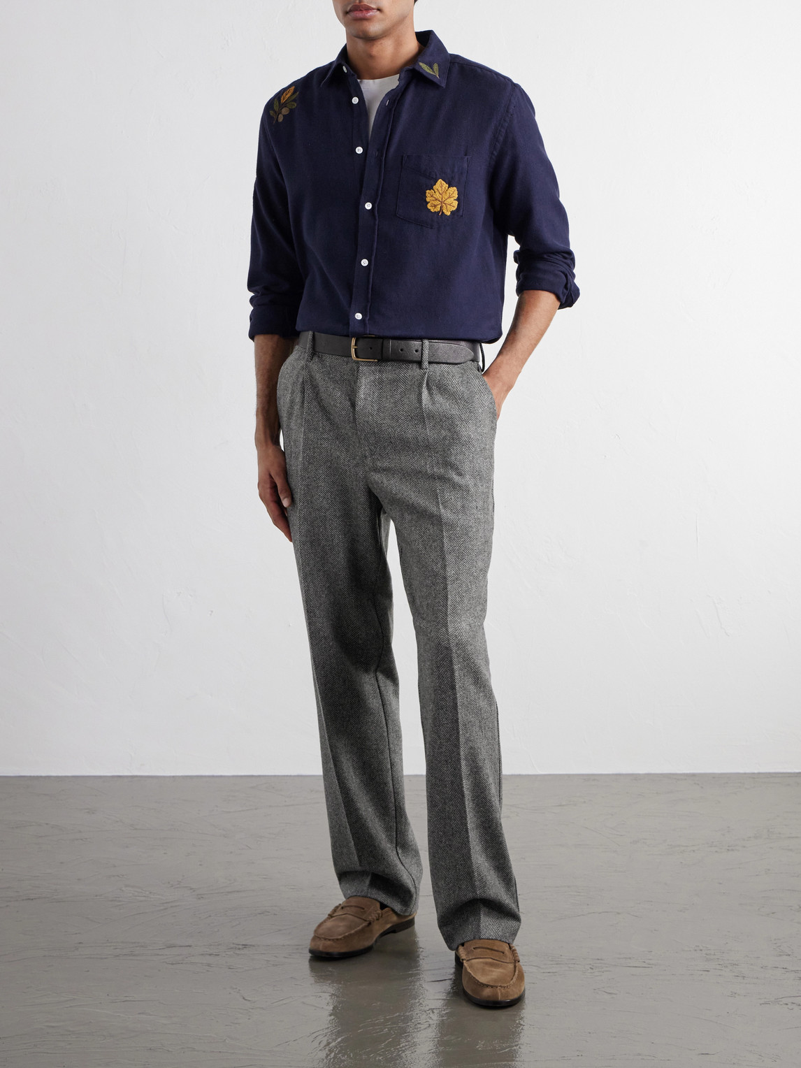 Straight-Leg Pleated Wool Herringbone Trousers