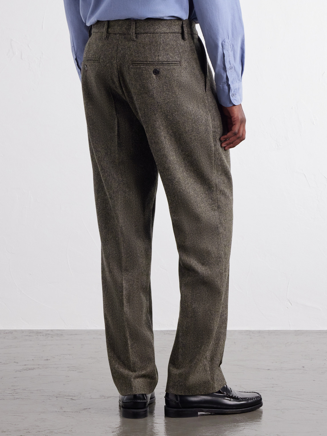 Straight-Leg Pleated Wool Herringbone Trousers