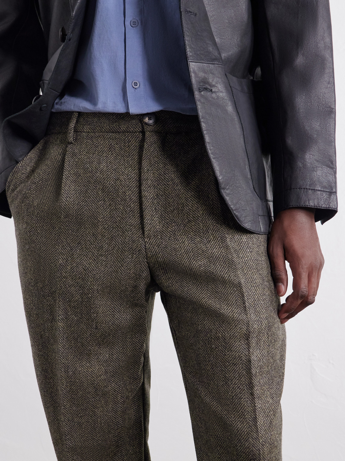 Straight-Leg Pleated Wool Herringbone Trousers