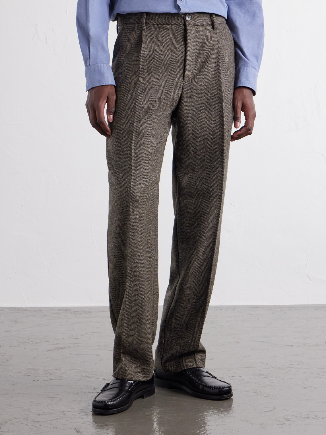 Straight-Leg Pleated Wool Herringbone Trousers
