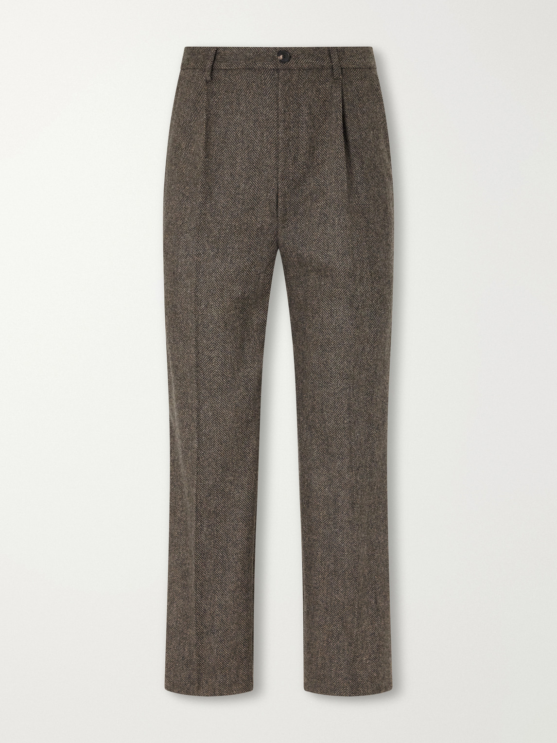 Straight-Leg Pleated Wool Herringbone Trousers