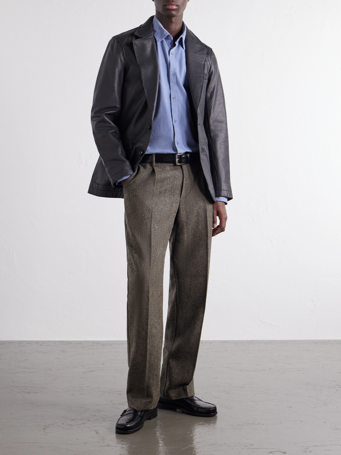 Straight-Leg Pleated Wool Herringbone Trousers