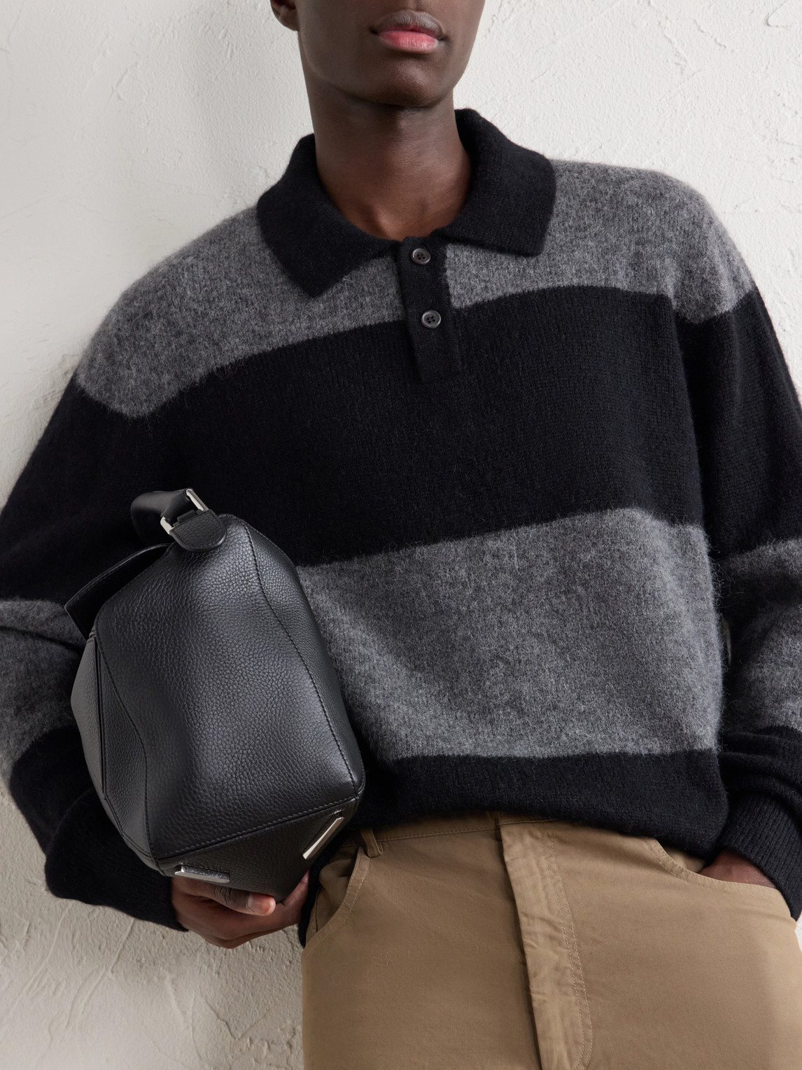 Striped Brushed Alpaca-Blend Polo Sweater