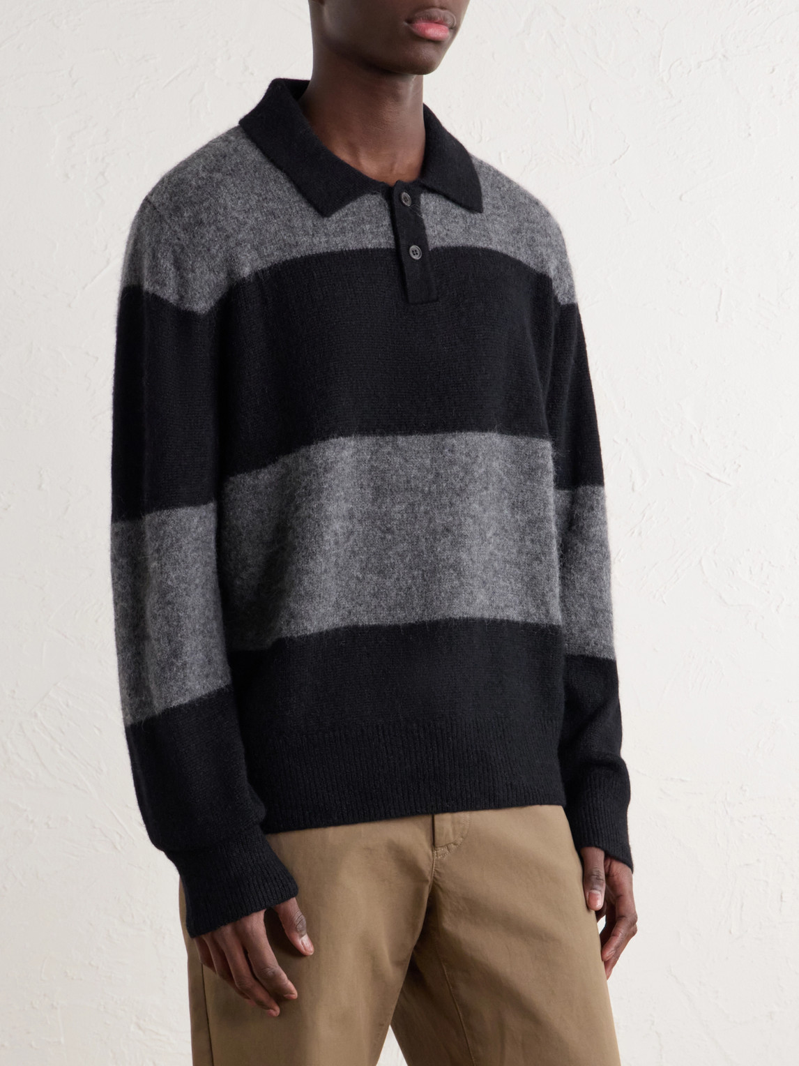 Striped Brushed Alpaca-Blend Polo Sweater