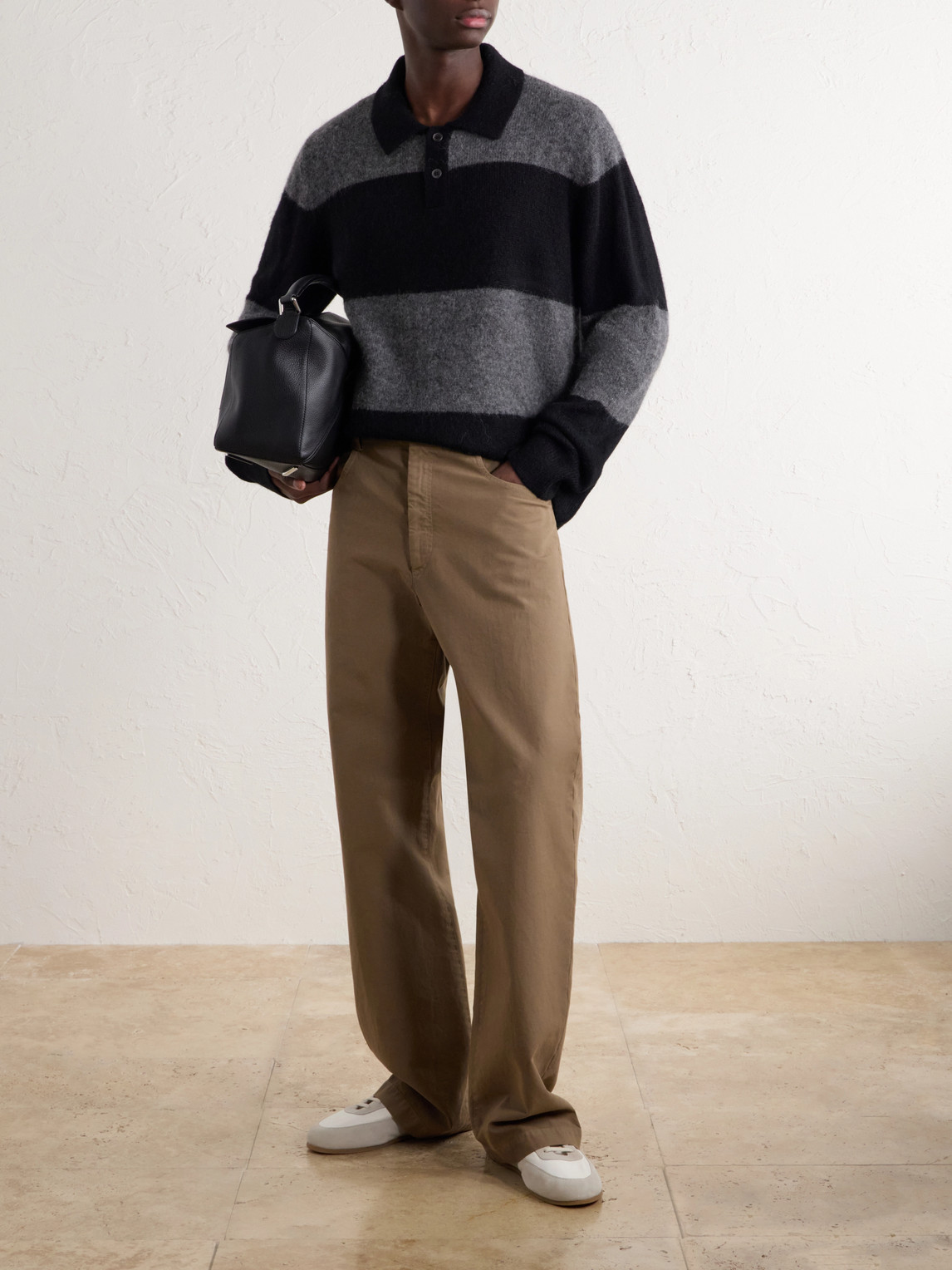 Striped Brushed Alpaca-Blend Polo Sweater