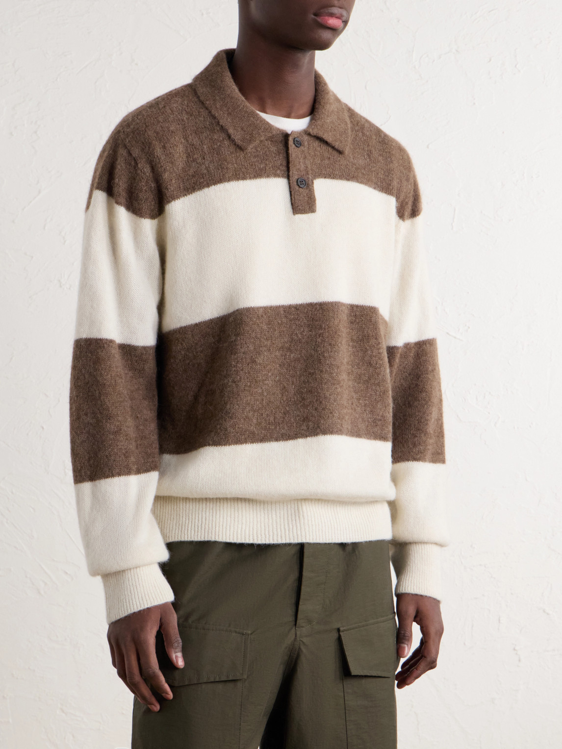 Striped Brushed Alpaca-Blend Polo Sweater