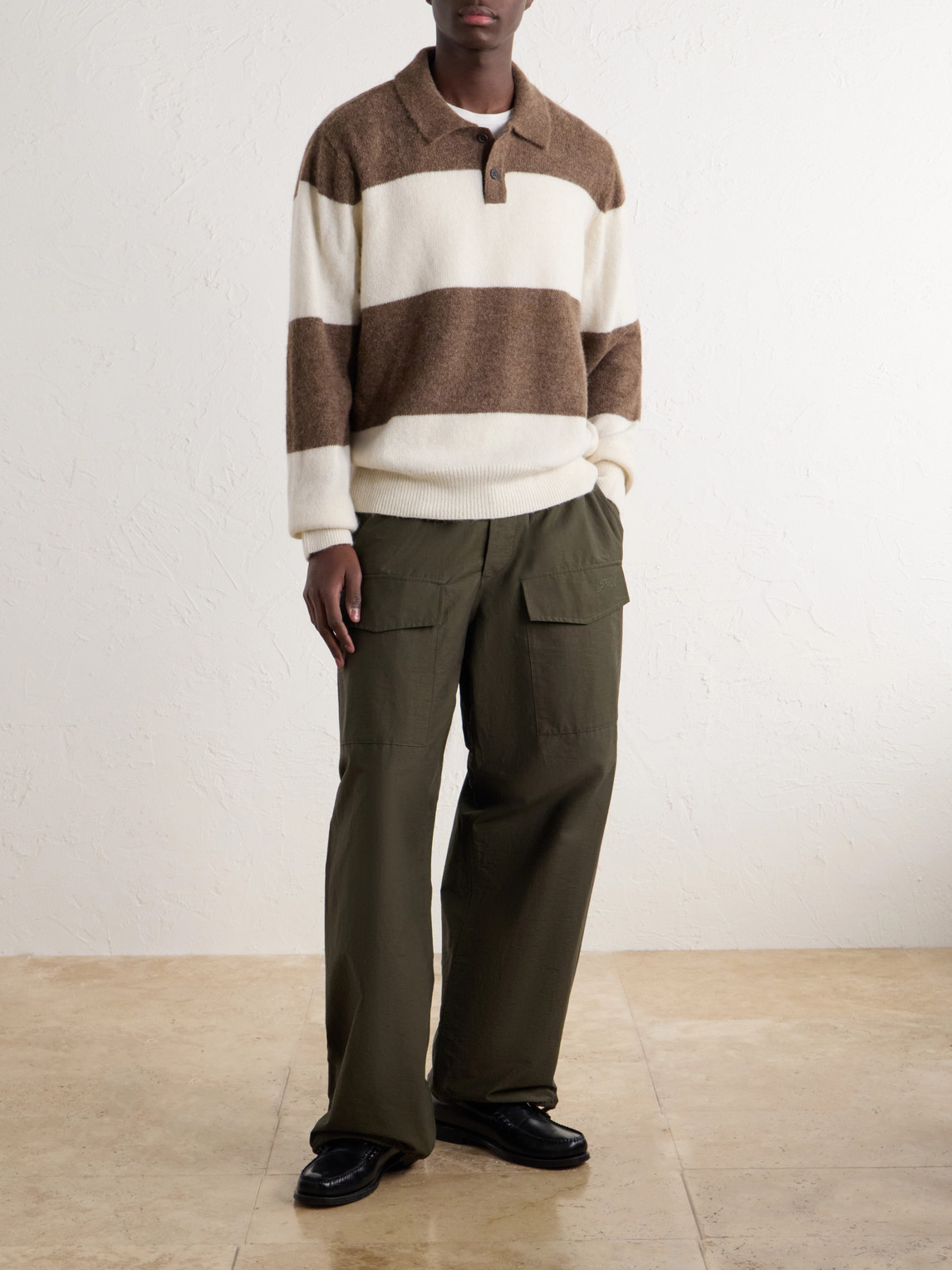 Striped Brushed Alpaca-Blend Polo Sweater