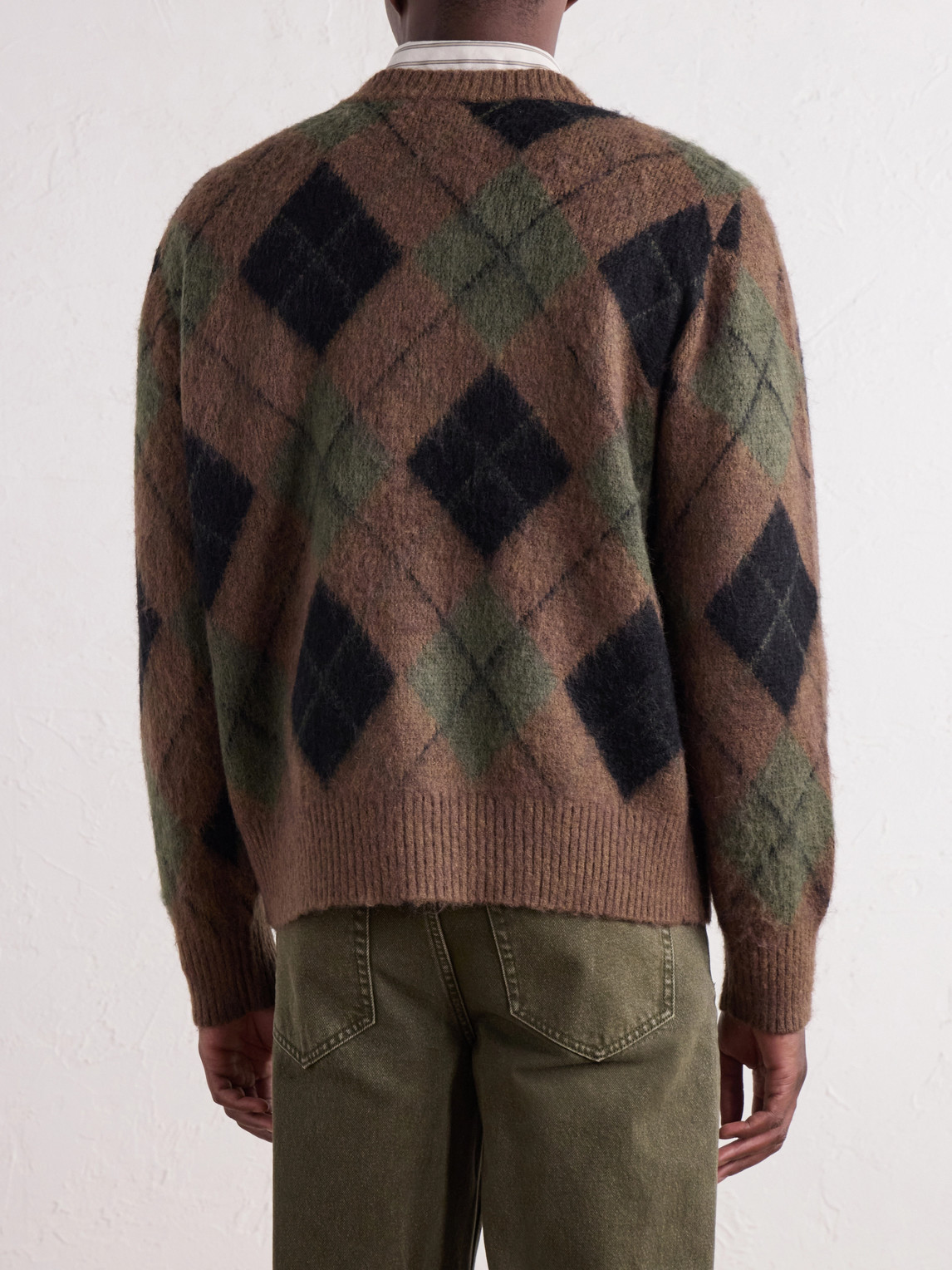 Brushed Argyle Jacquard-Knit Cardigan