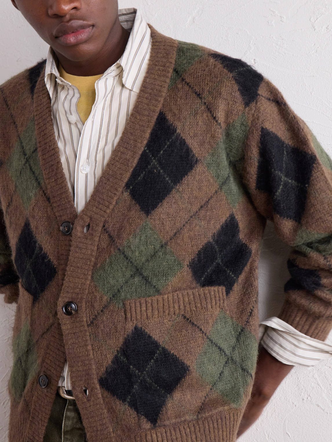 Brushed Argyle Jacquard-Knit Cardigan