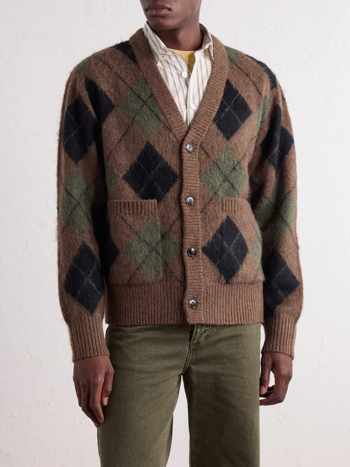 Brushed Argyle Jacquard-Knit Cardigan