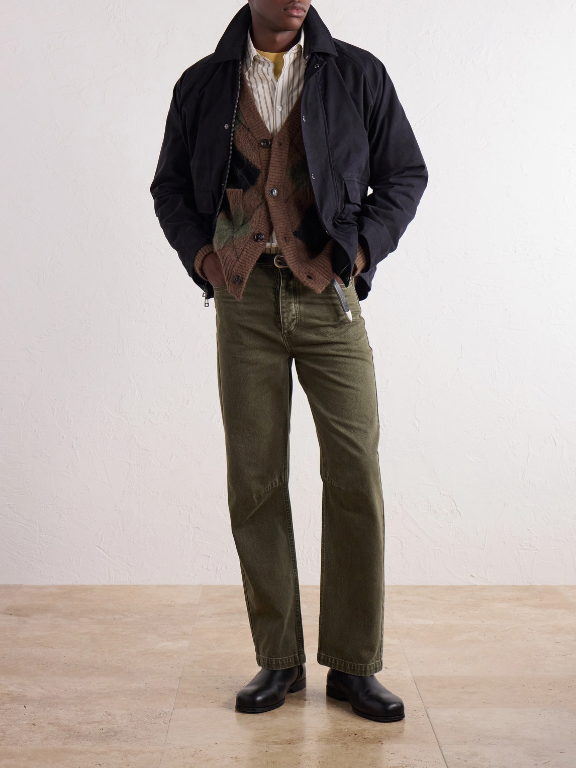 Brushed Argyle Jacquard-Knit Cardigan