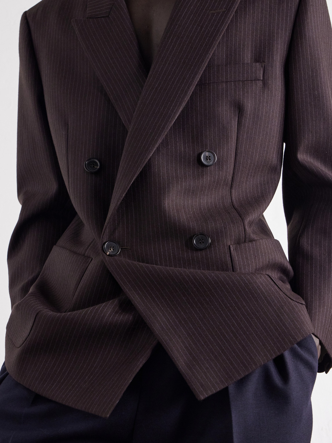 Double-Breasted Pinstriped Wool-Blend Suit Jacket