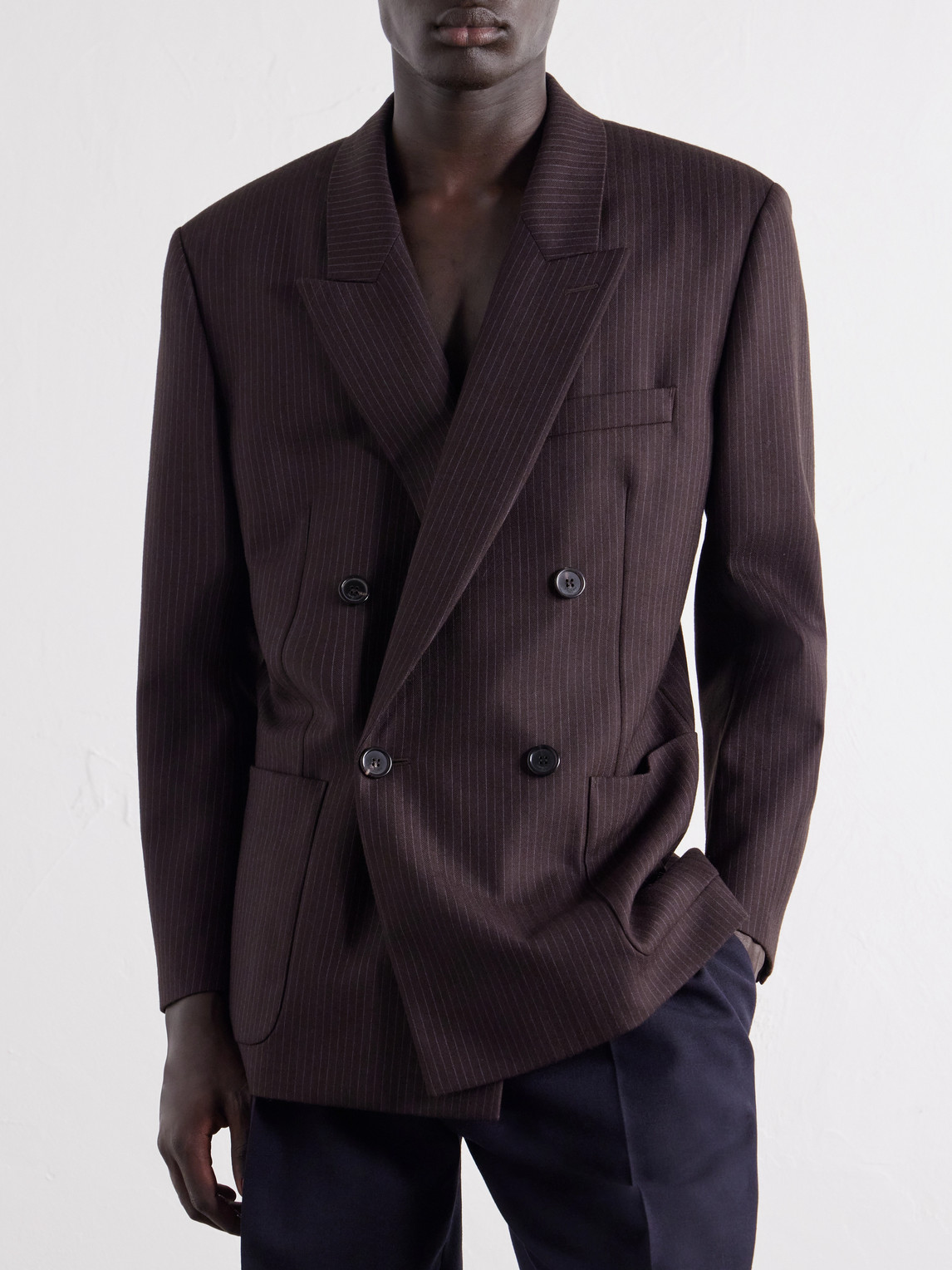 Double-Breasted Pinstriped Wool-Blend Suit Jacket