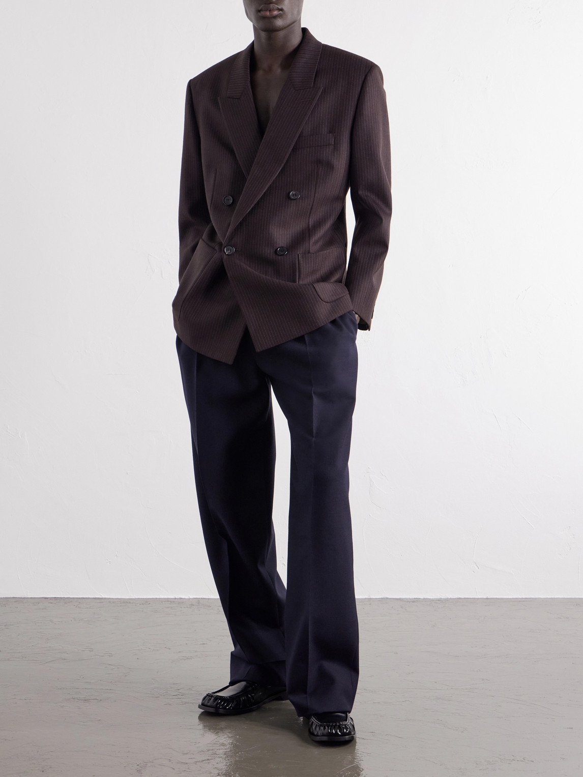 Double-Breasted Pinstriped Wool-Blend Suit Jacket