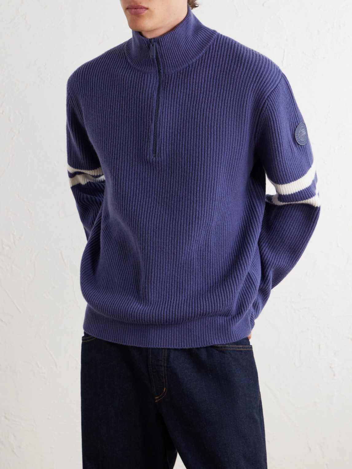 Mckinney Logo-Appliquéd Striped Ribbed Wool Half-Zip Sweater