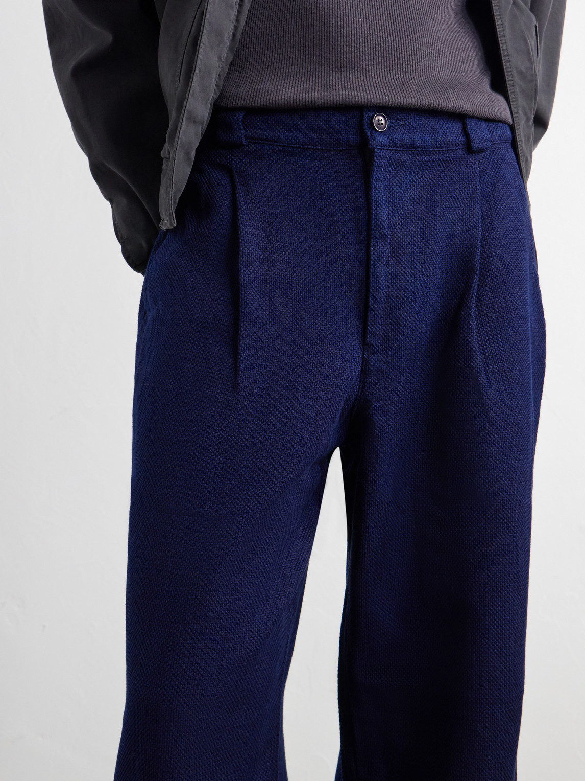 Straight-Leg Pleated Sashiko-Cotton Trousers