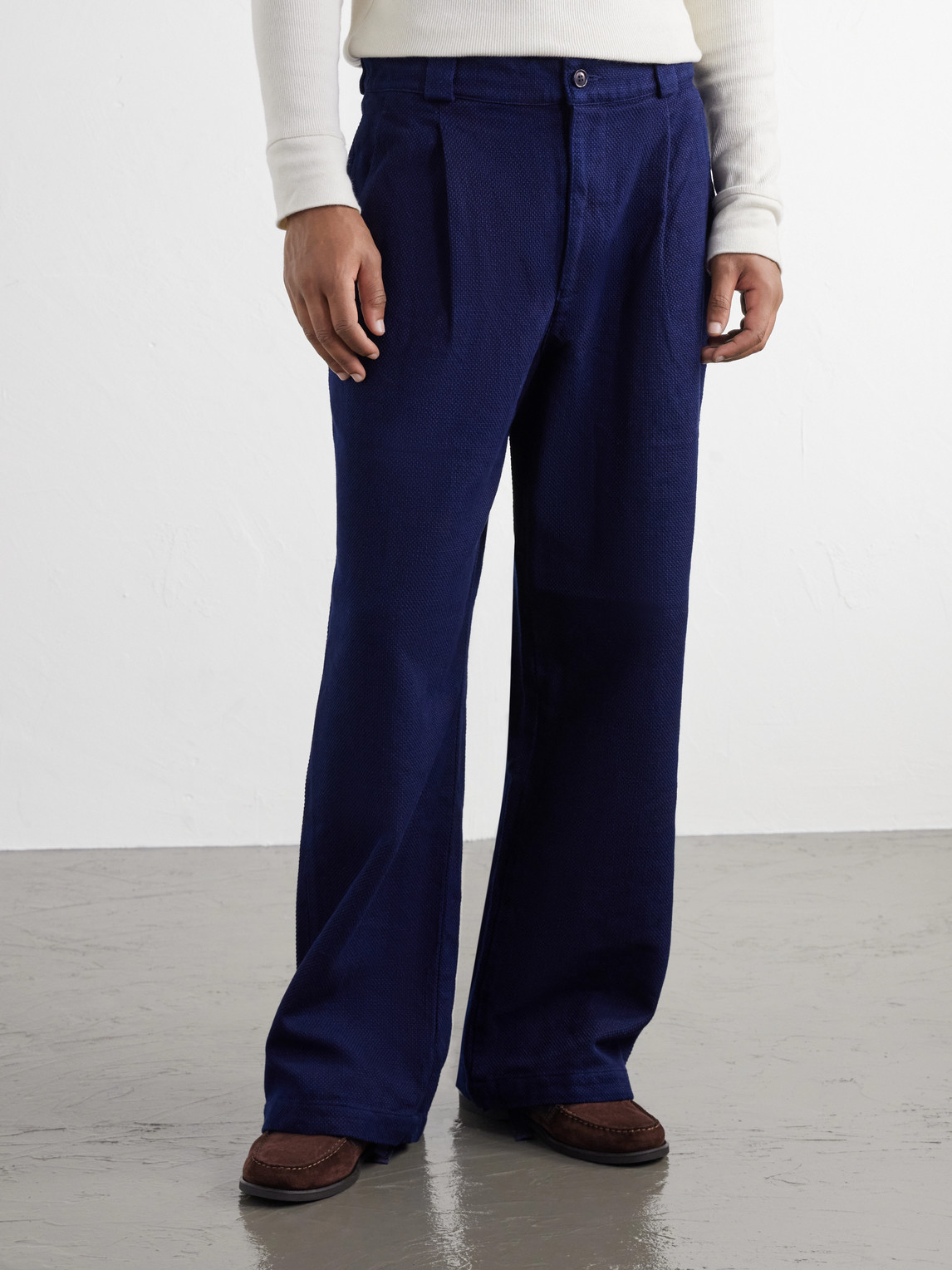 Straight-Leg Pleated Sashiko-Cotton Trousers