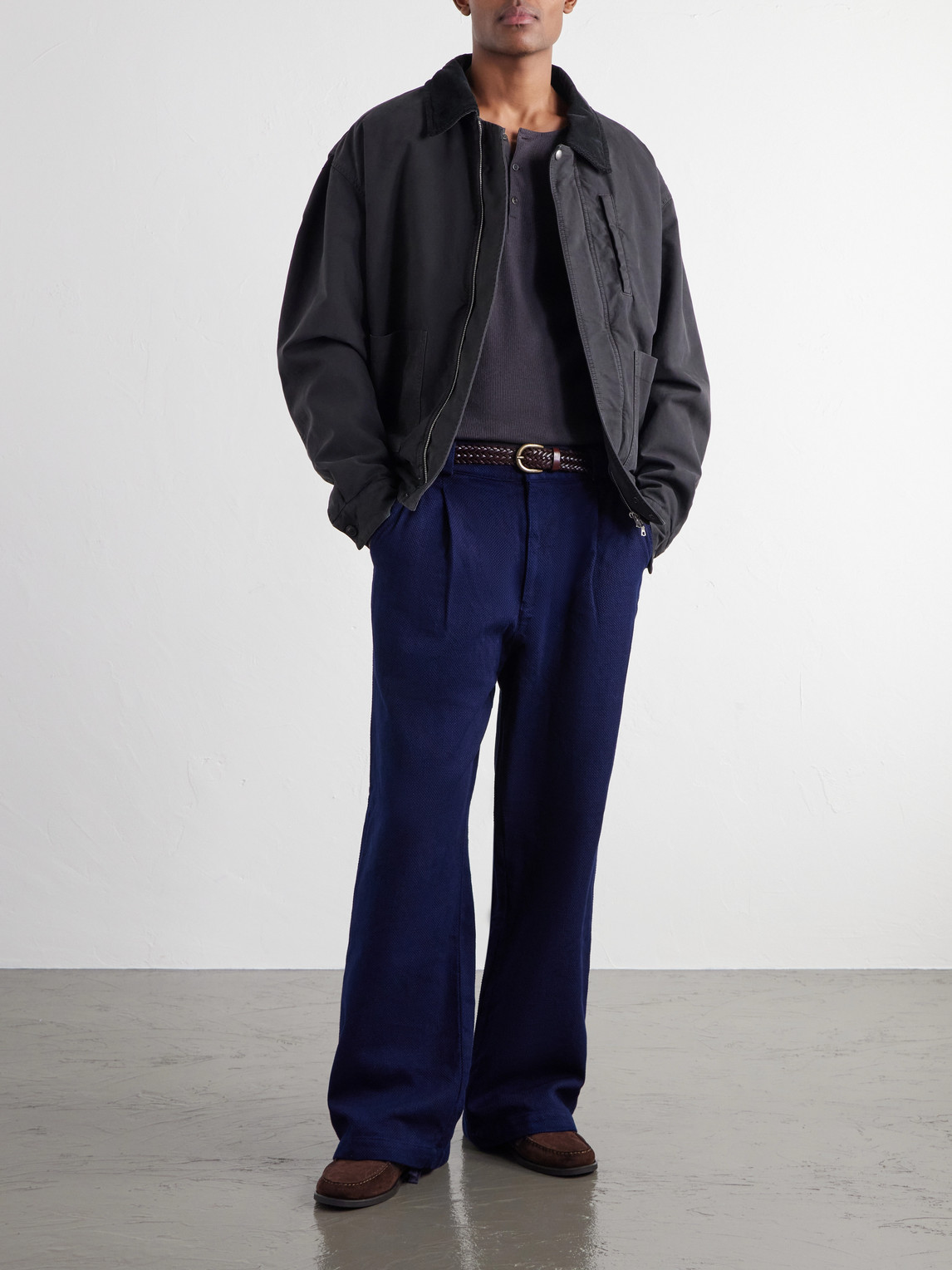 Straight-Leg Pleated Sashiko-Cotton Trousers
