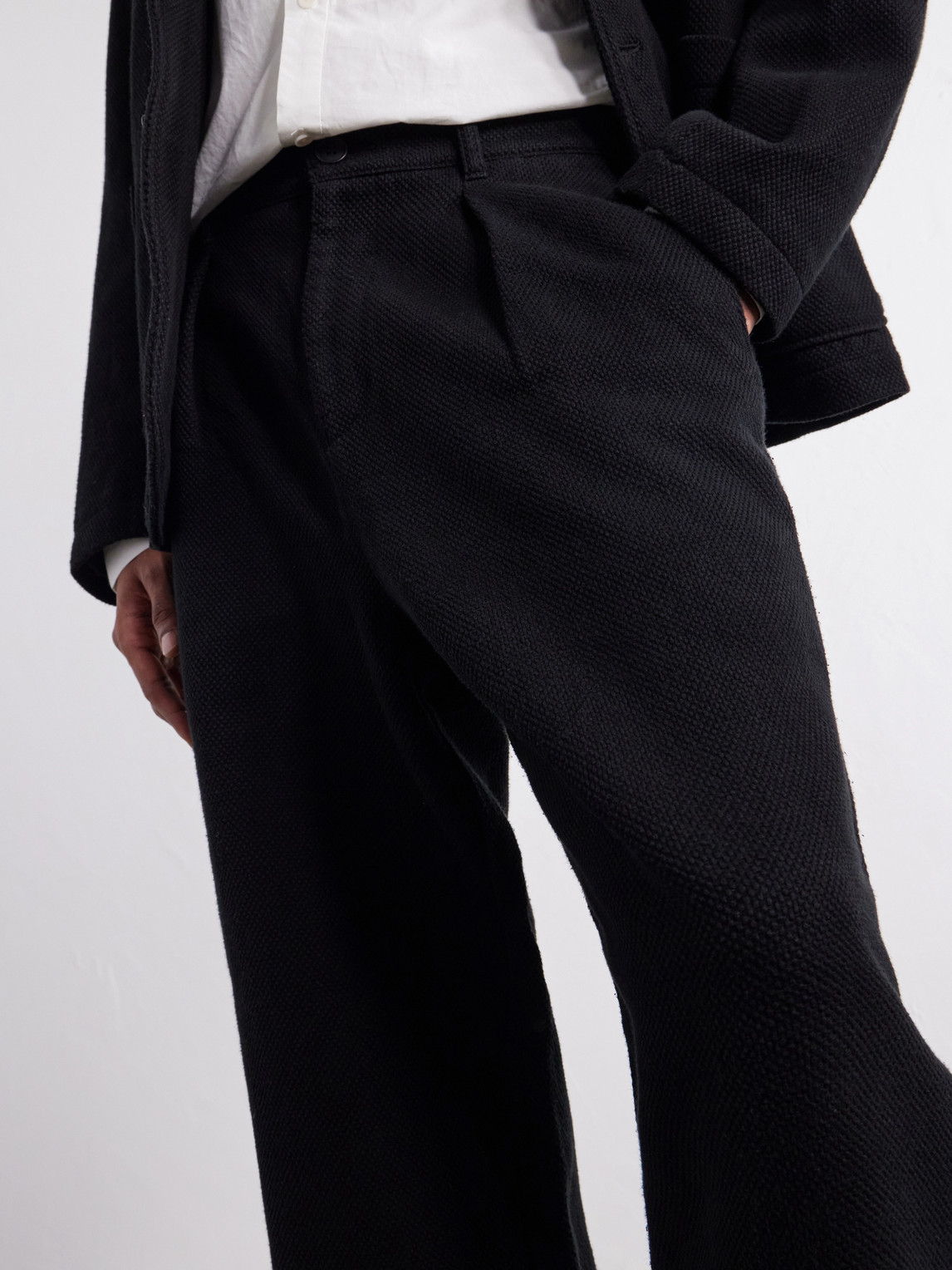 Wide-Leg Pleated Cotton-Sashiko Trousers