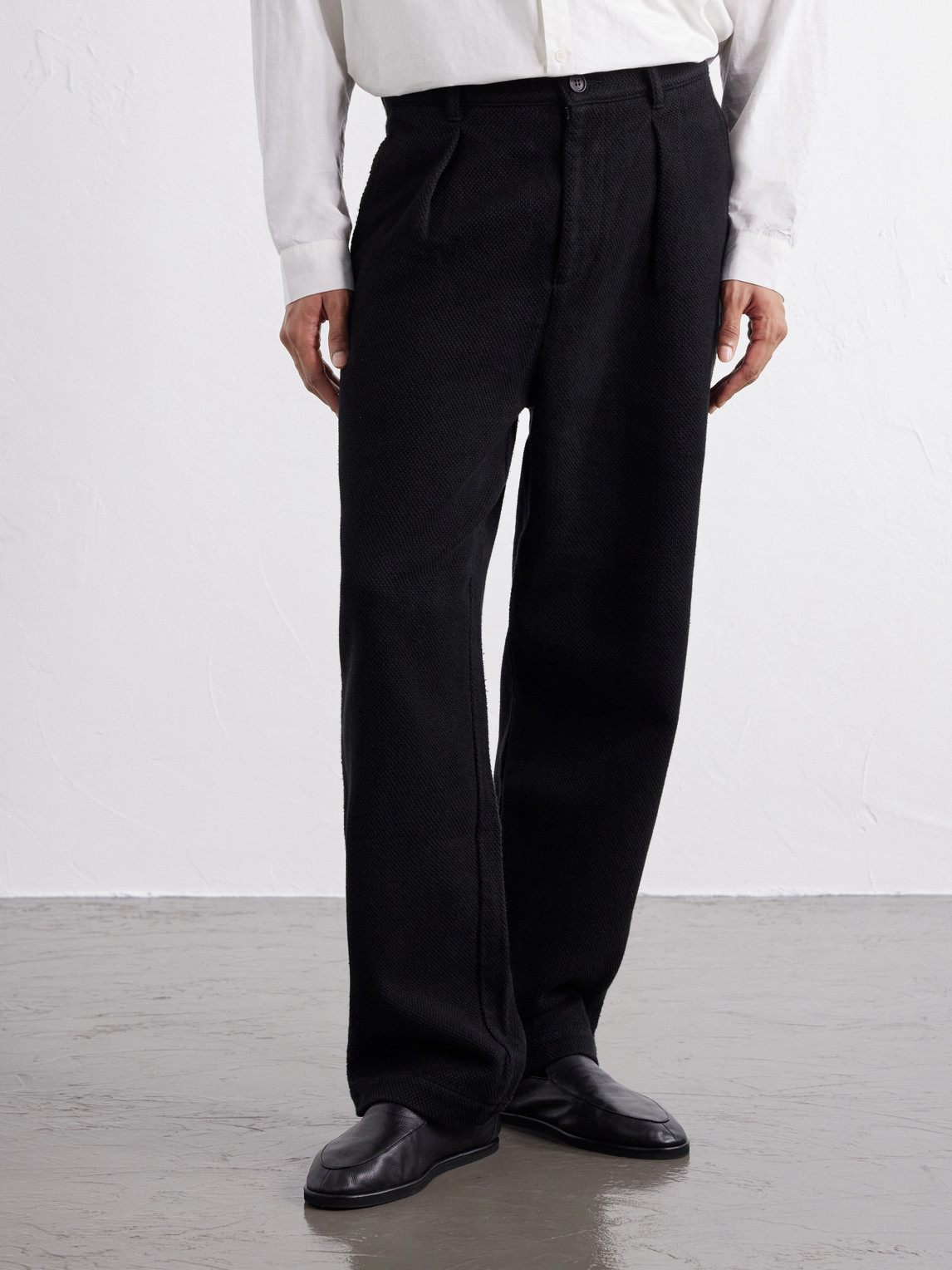 Wide-Leg Pleated Cotton-Sashiko Trousers