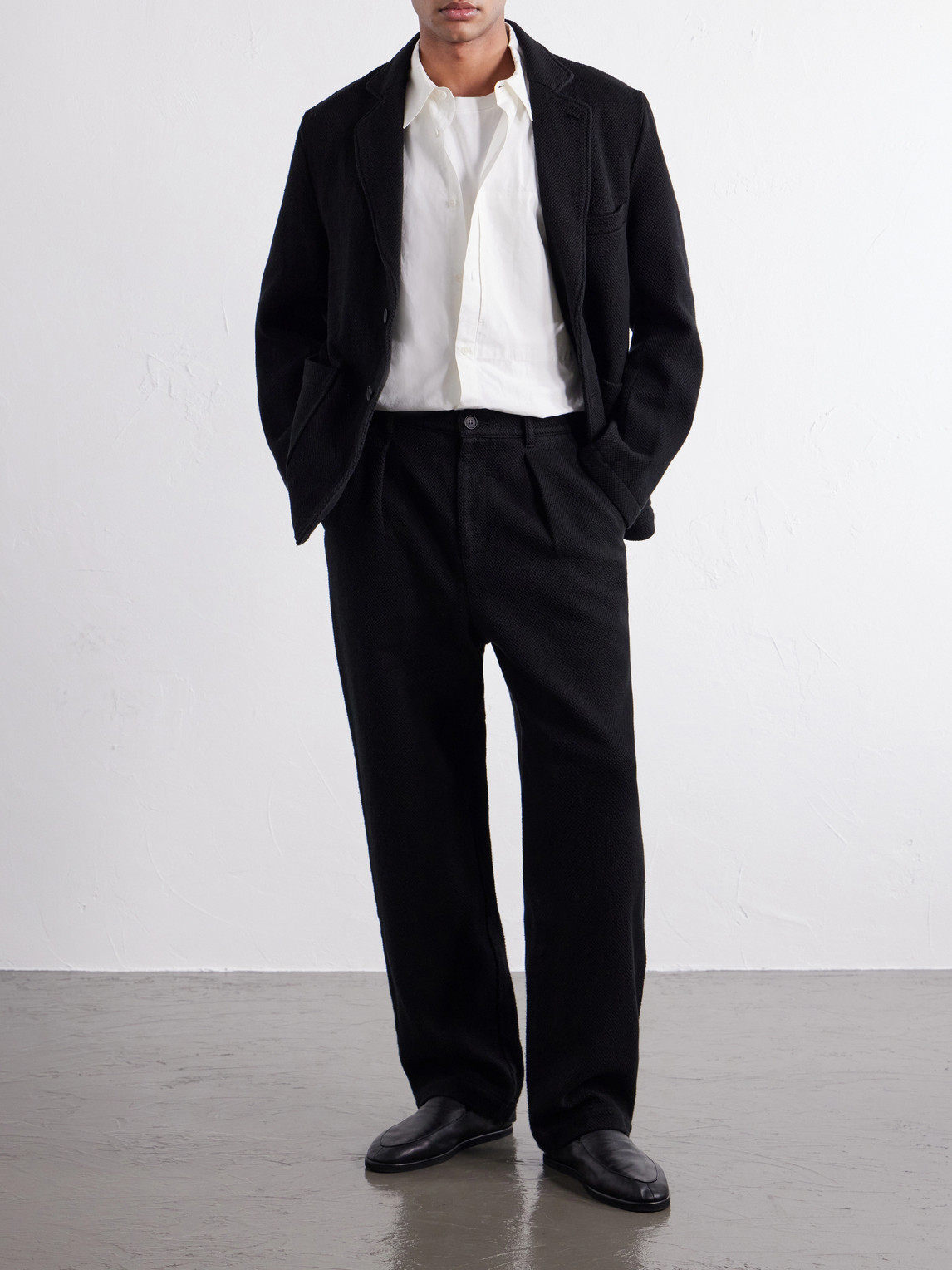 Wide-Leg Pleated Cotton-Sashiko Trousers