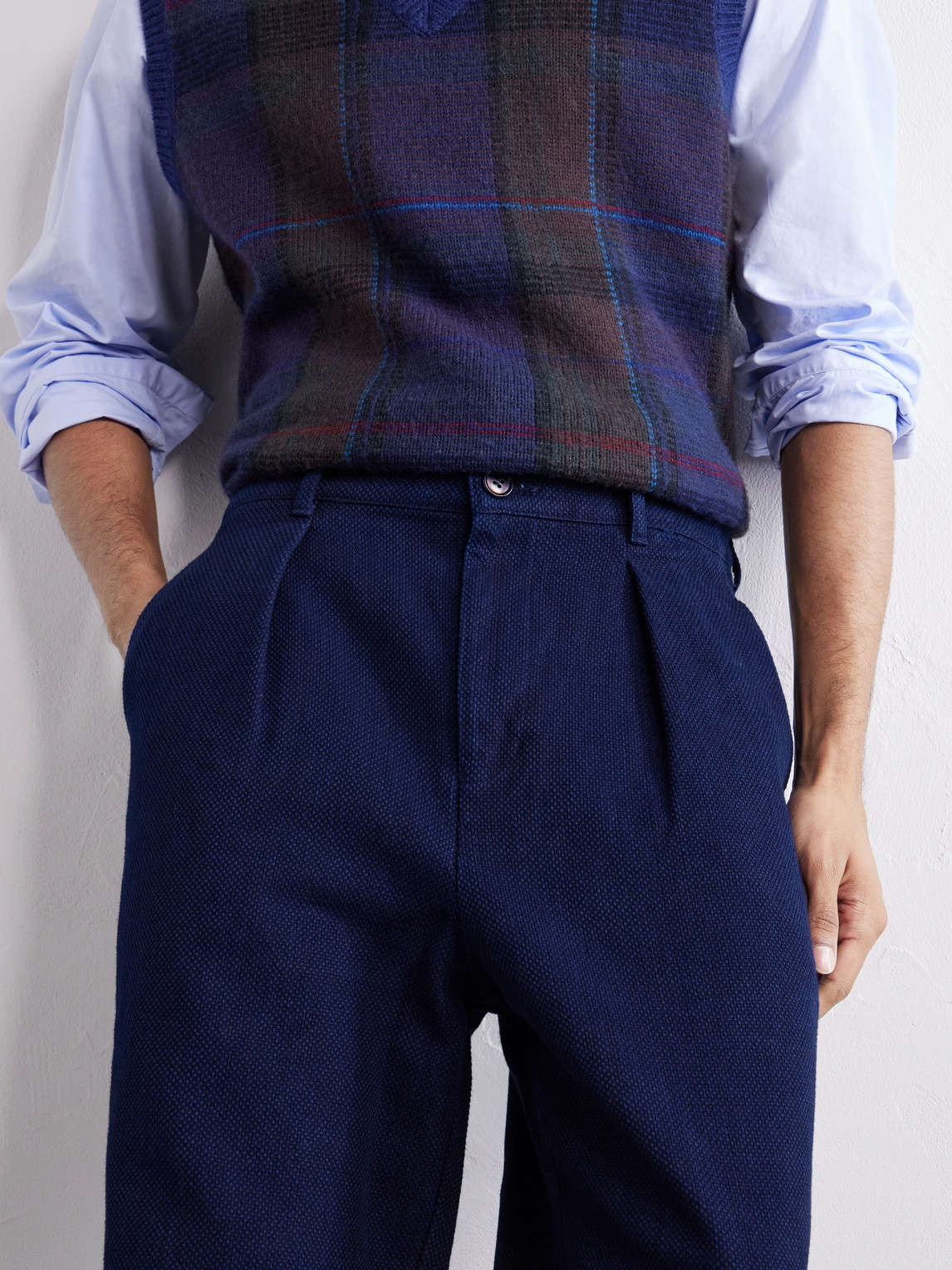 Wide-Leg Pleated Cotton-Sashiko Trousers