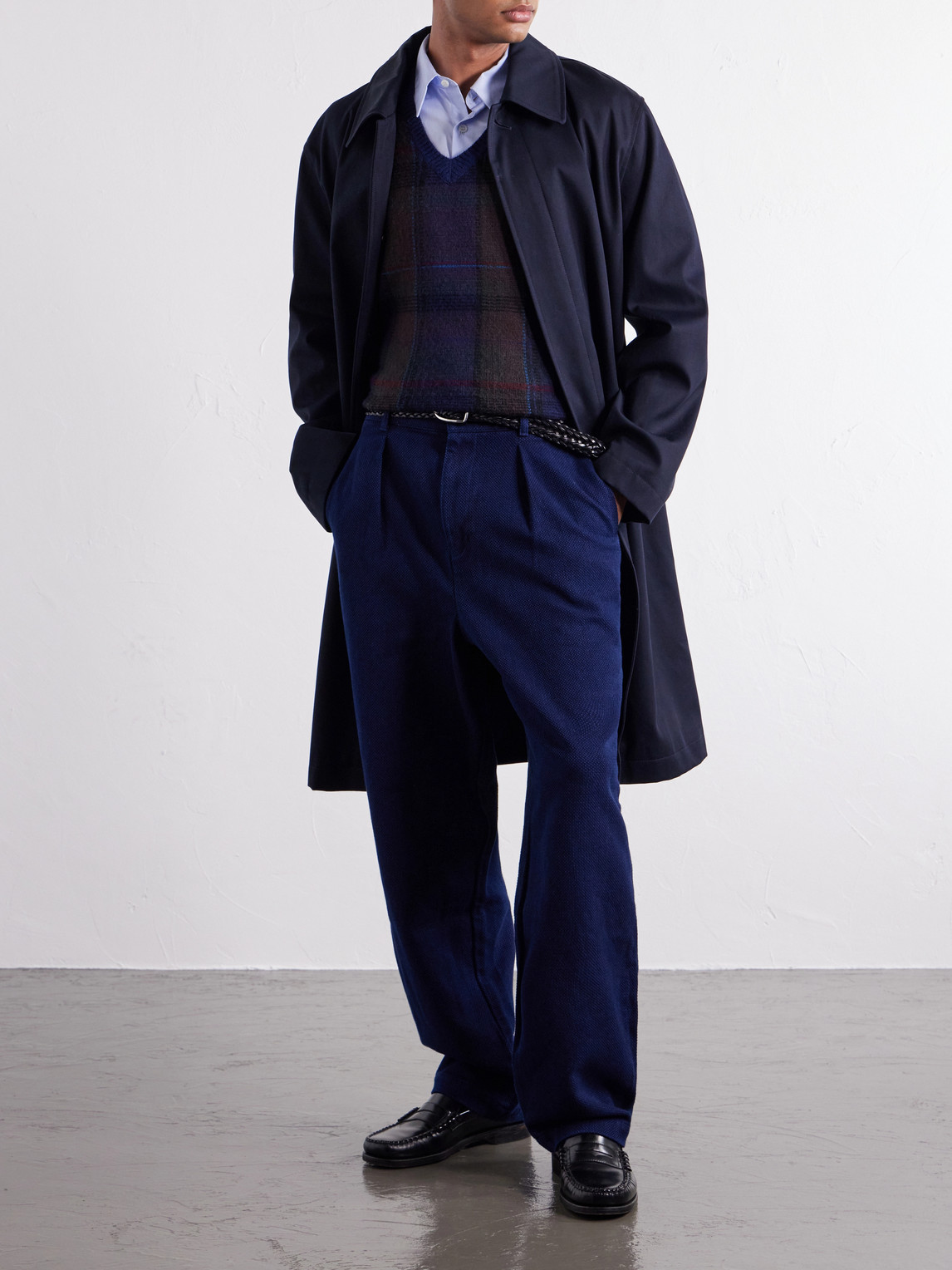 Wide-Leg Pleated Cotton-Sashiko Trousers