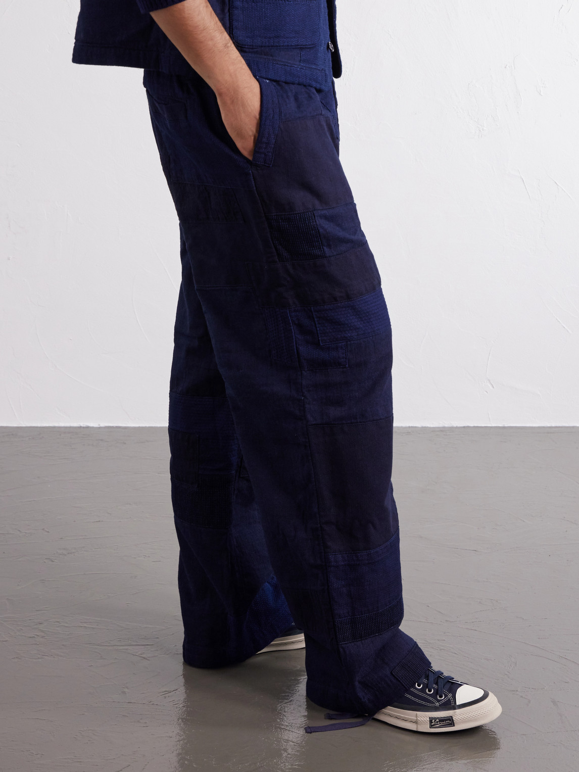 Nenrin Wide-Leg Drawstring Patchwork Cotton-Sashiko Trousers