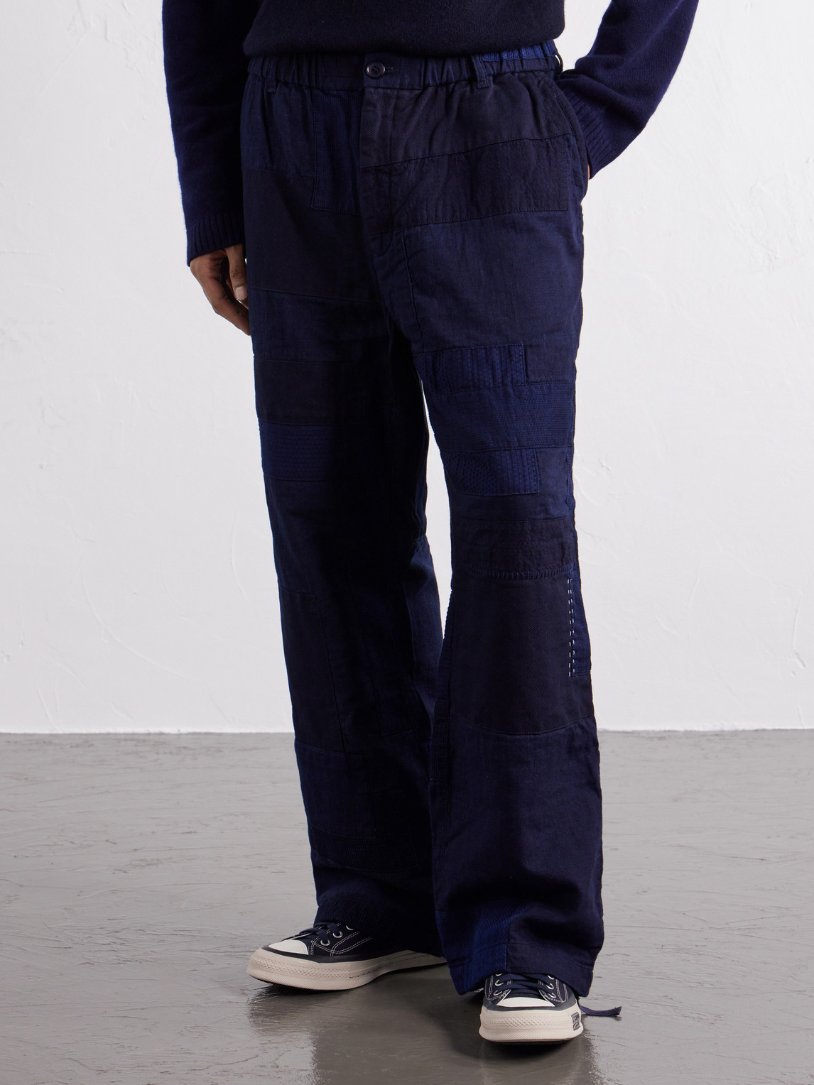 Nenrin Wide-Leg Drawstring Patchwork Cotton-Sashiko Trousers