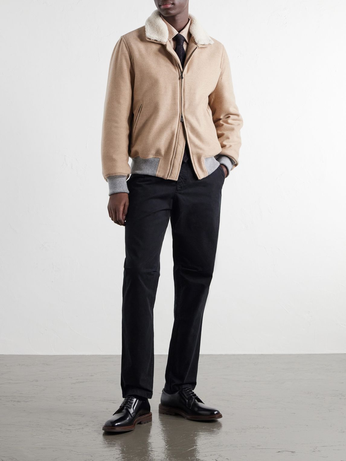 BRUNELLO CUCINELLI 시어링 트리밍 캐시미어 봄버 자켓