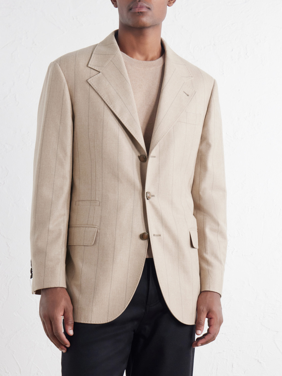 Pinstripe Wool, Silk And Cashmere-Blend Flannel Suit Jacket