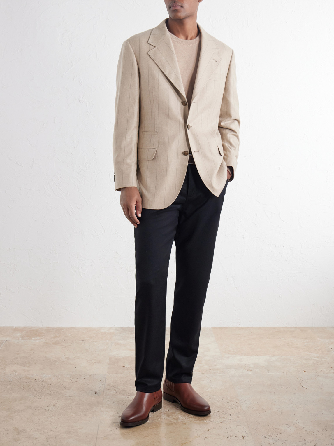 Pinstripe Wool, Silk And Cashmere-Blend Flannel Suit Jacket