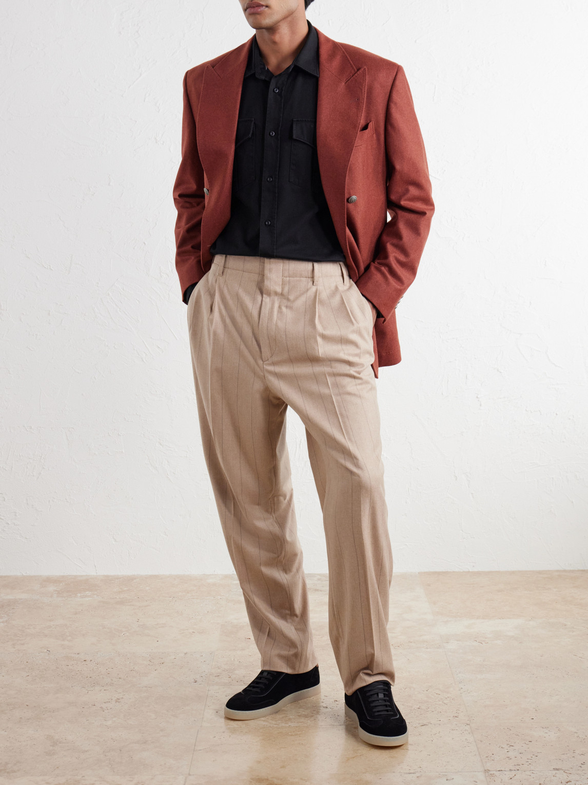 Striped Pleated Straight-Leg Wool-Silk And Cashmere-Blend Flannel Suit Trousers
