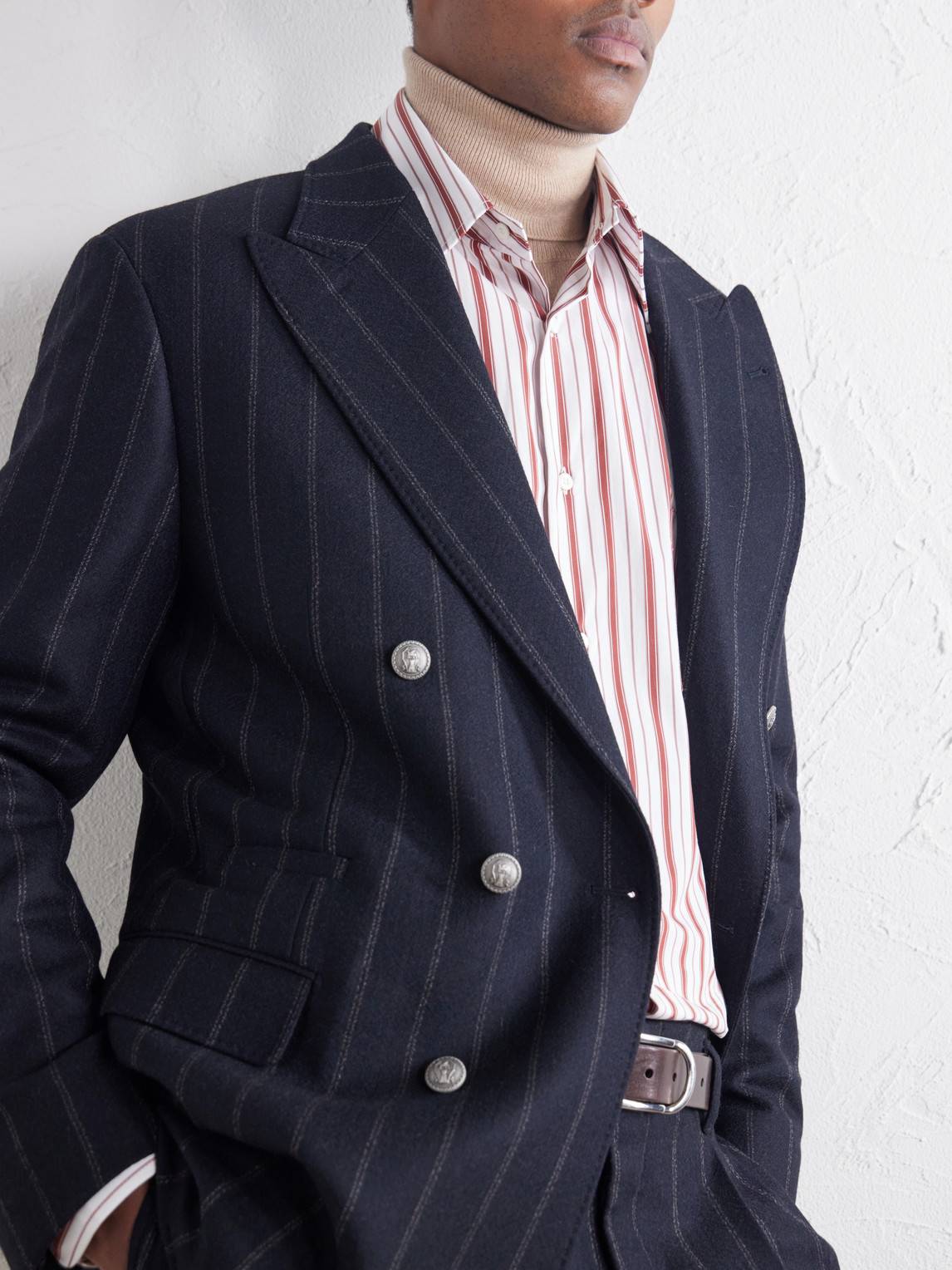 Double-Breasted Pinstripe Cashmere And Wool-Blend Flannel Suit Jacket