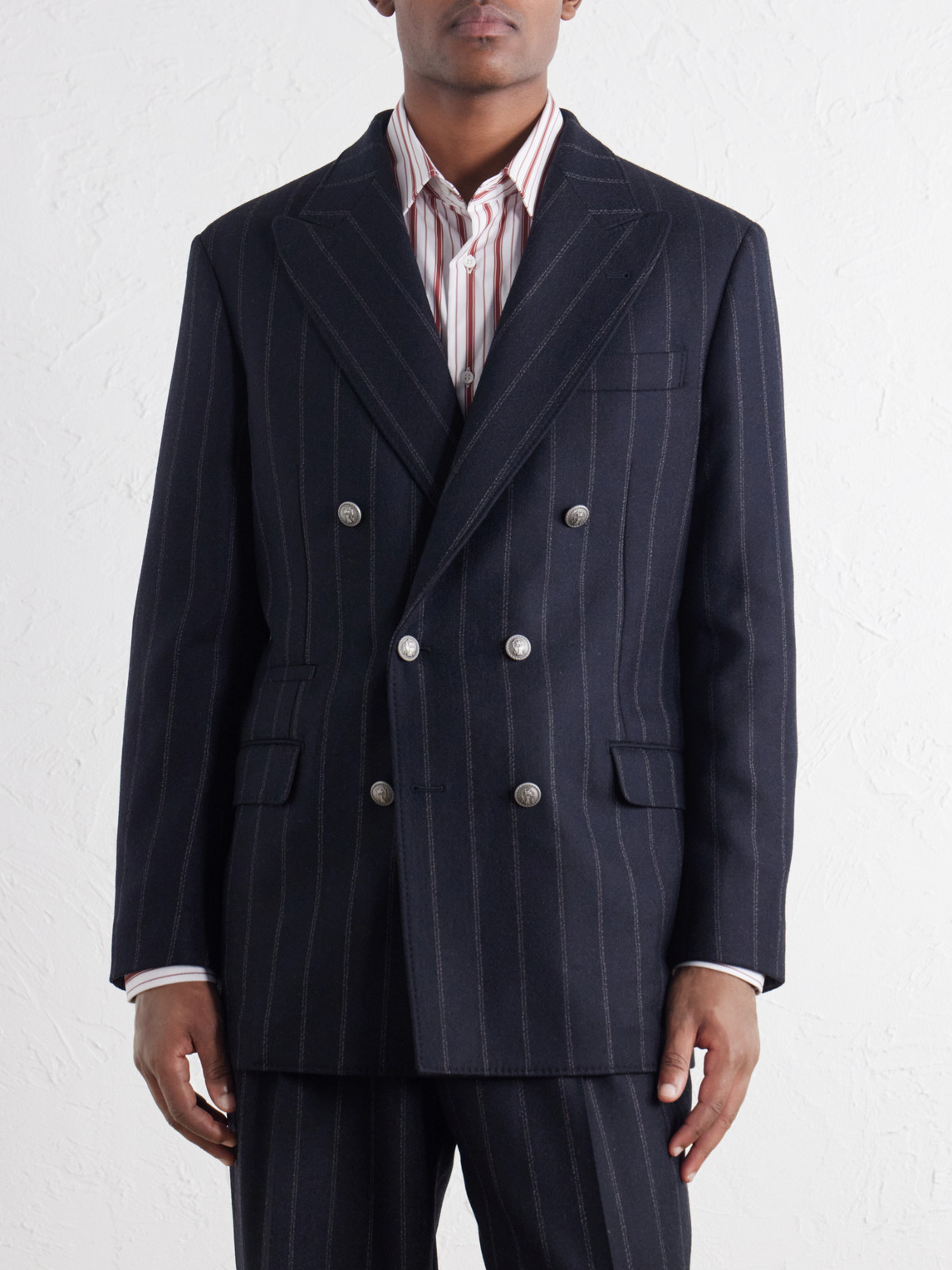 Double-Breasted Pinstripe Cashmere And Wool-Blend Flannel Suit Jacket