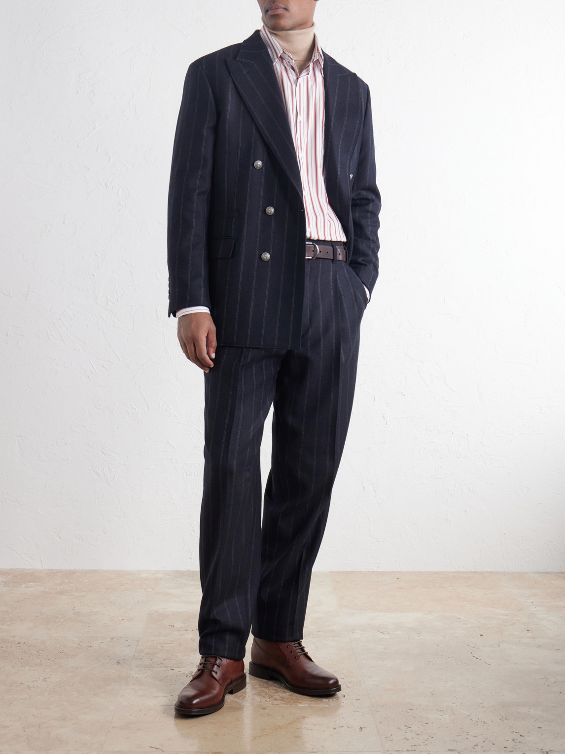 Double-Breasted Pinstripe Cashmere And Wool-Blend Flannel Suit Jacket