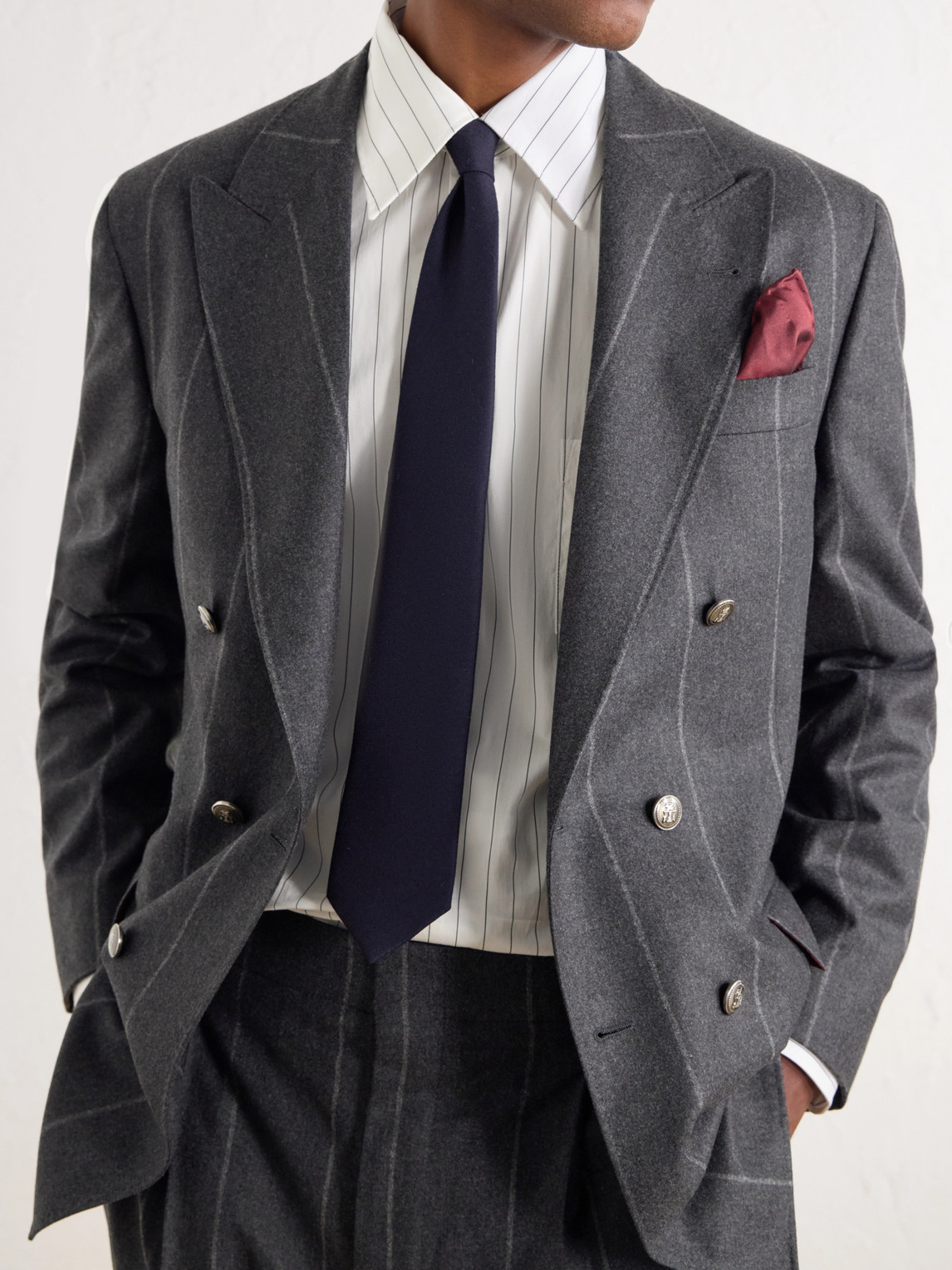 Double-Breasted Pinstriped Wool, Cashmere And Silk-Blend Flannel Suit Jacket