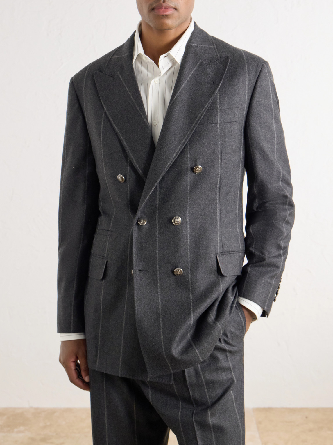 Double-Breasted Pinstriped Wool, Cashmere And Silk-Blend Flannel Suit Jacket