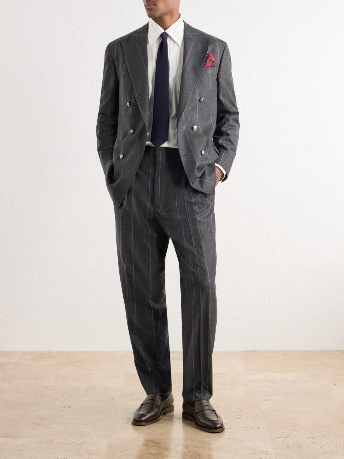 Double-Breasted Pinstriped Wool, Cashmere And Silk-Blend Flannel Suit Jacket
